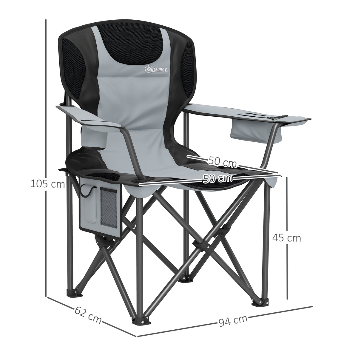 Chaise de camping pliante avec accoudoirs réglables, porte-gobelets, poches latérales et sac de refroidissement, noir