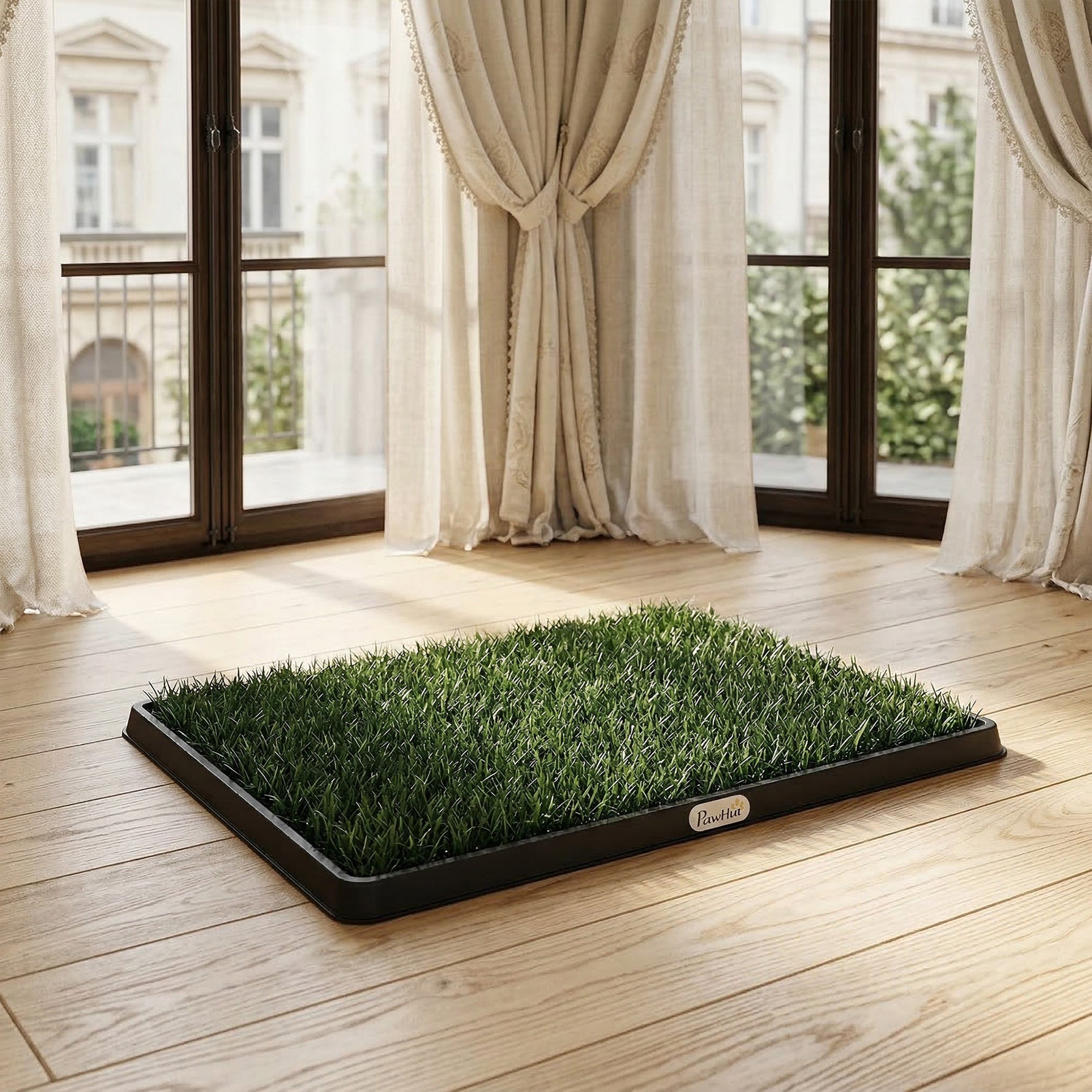 Toilette pour Chien avec 2 Tapis en Gazon Artificiel et Grille de Drainagec, Système Lavable, 63x50,5x3,5cm, Noir