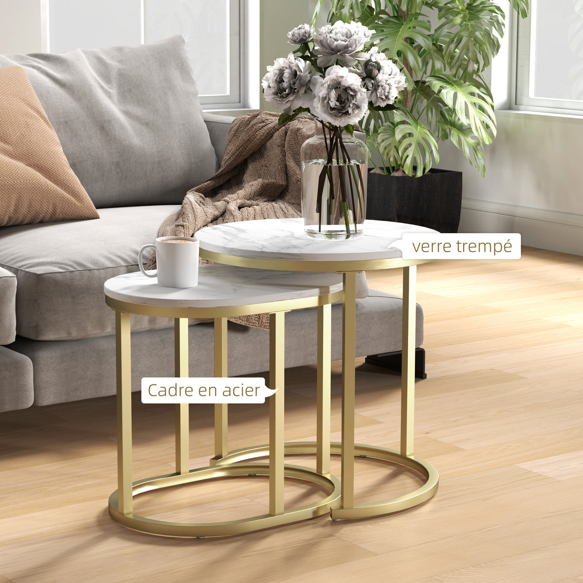 Lot de 2 tables basses tables d'appoint gigognes encastrables structure en acier et plateau en bois aspect marbre or