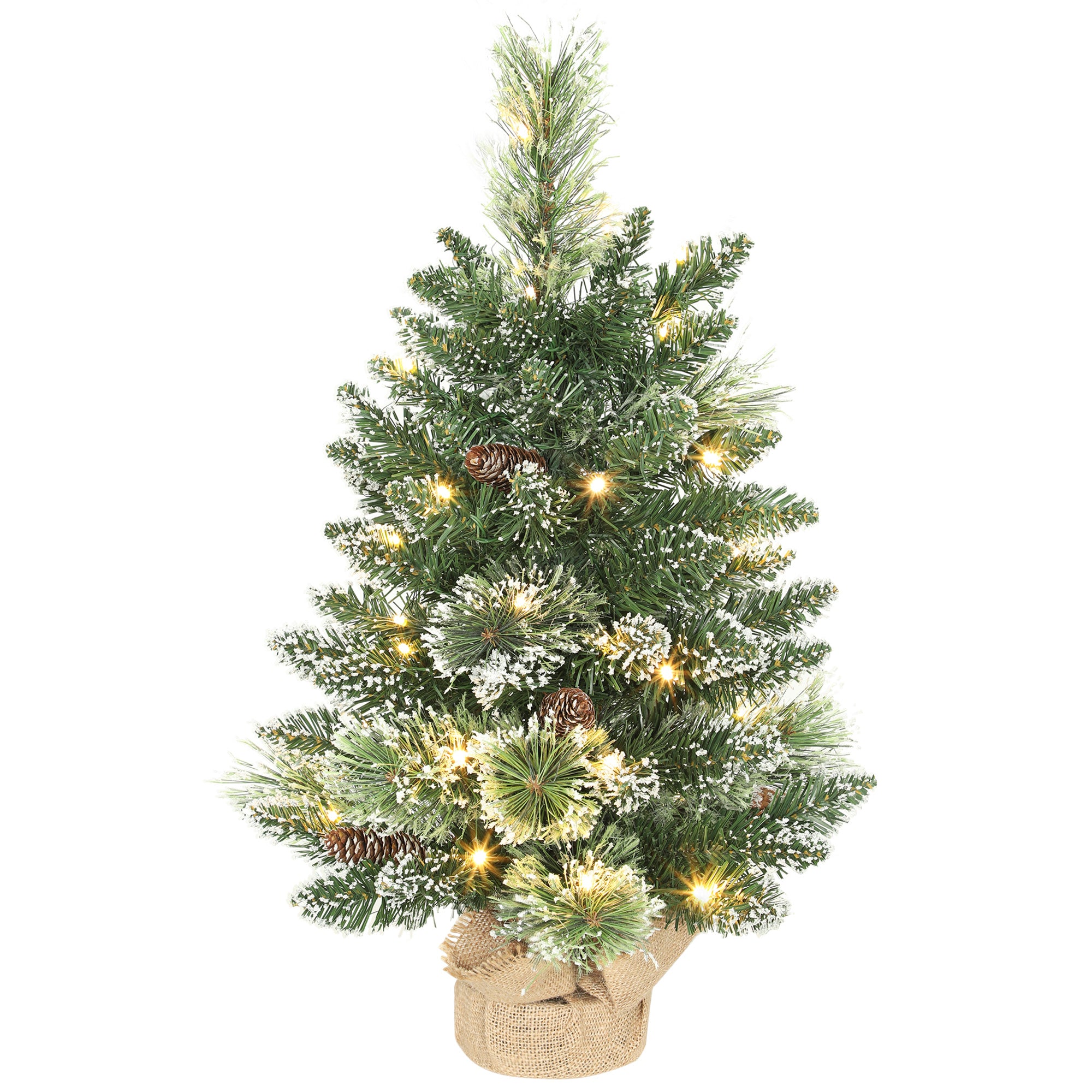 Sapin de Noël artificiel 60 cm, mini arbre de Noël de table floqué avec 35 LED, pommes de pin, fonctionne à piles, vert-0