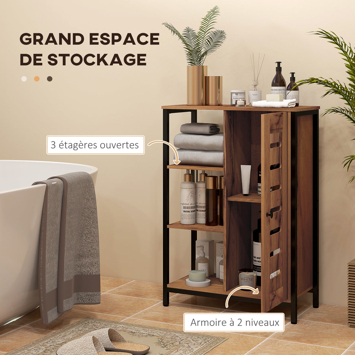Meuble de salle de bain sur pied design industriel structure acier 3 étagères ouvertes 60 x 30 x 85 cm marron rustique