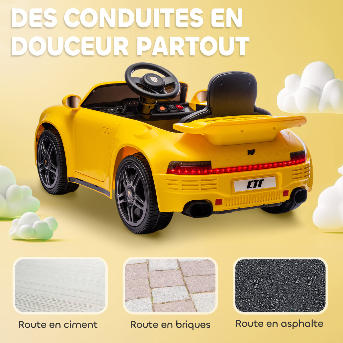 Voiture électrique enfants, véhicule électrique 12V, télécommande 2,4G, phares, musique, klaxon, 103 x 55 x 44 cm, jaune