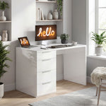 Bureau d'ordinateur à haute brillance avec 4 tiroirs, 110 x 60 cm, bureau avec rangement, style moderne, blanc