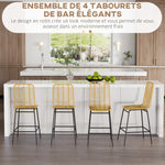 Set di 4 sgabelli da bar, sedie da bar, schienale in canna d'India e poggiapiedi, struttura in acciaio, 42,5x52x102cm, giallo
