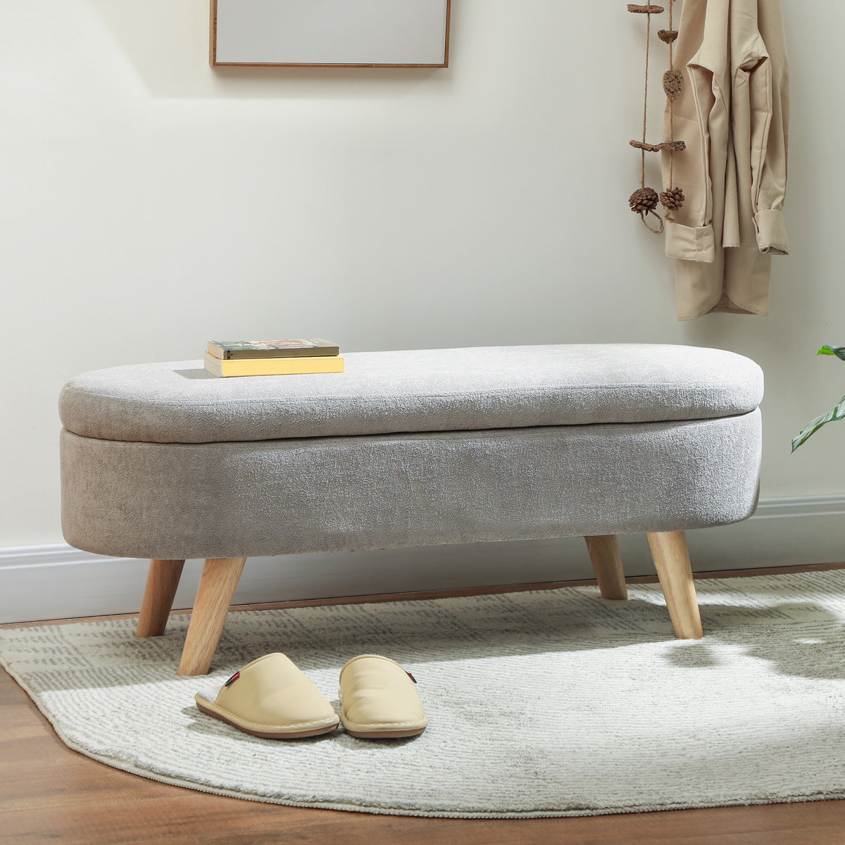 Banc banquette bout de lit coffre de rangement 2 en 1 en tissu avec pieds en bois 110l x 40P x 43H cm gris clair