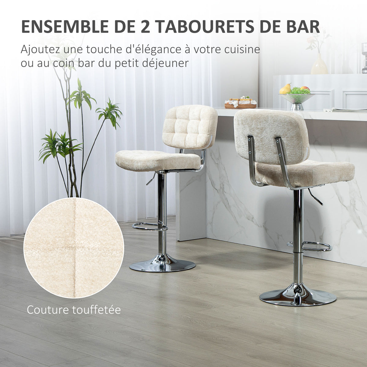 Lot de 2 tabourets de bar avec dossier, hauteur réglable et repose-pieds, cadre en acier, charge 120 Kg, beige