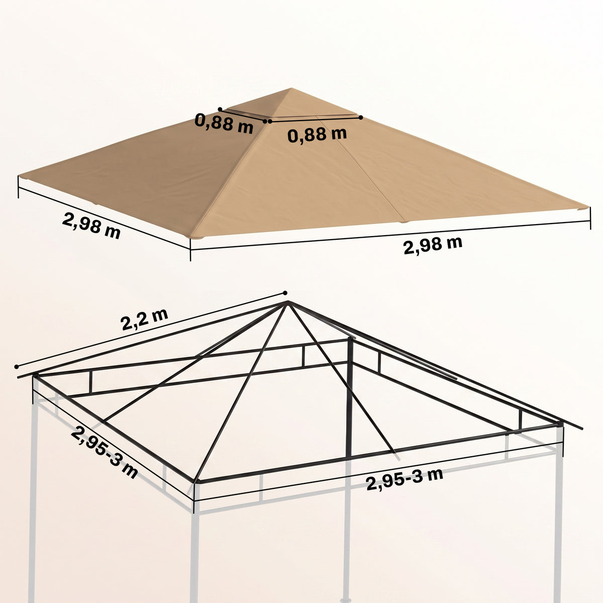 Ersatzdach für Pavillon, Gazebo-Ersatzdach, hochdichter Polyesterstoff 180 g/m², UV-beständig, 3 x 3 m, beige
