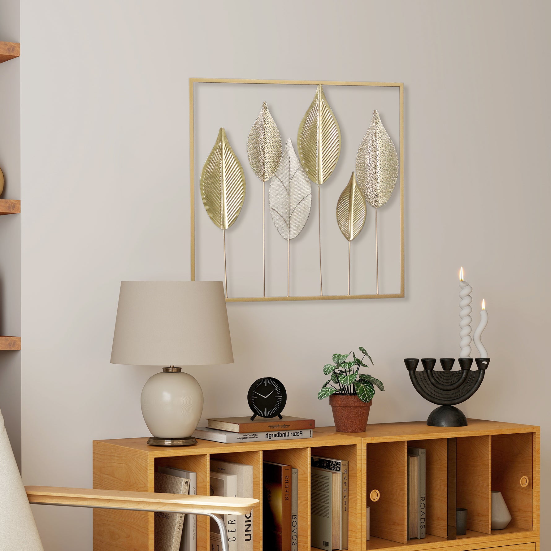 Décoration murale en métal moderne, sculpture murale en métal en forme de feuille, 70 x 70 cm, doré