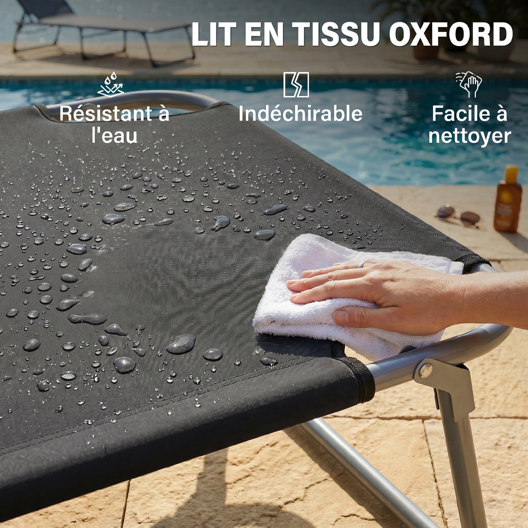 Transat Bain de Soleil Pliable Chaise Longue Pliante Grand Confort Dossier Inclinable Multi-positions et Pare-Soleil réglable Dim. 187L x 58l x 36H cm Noir