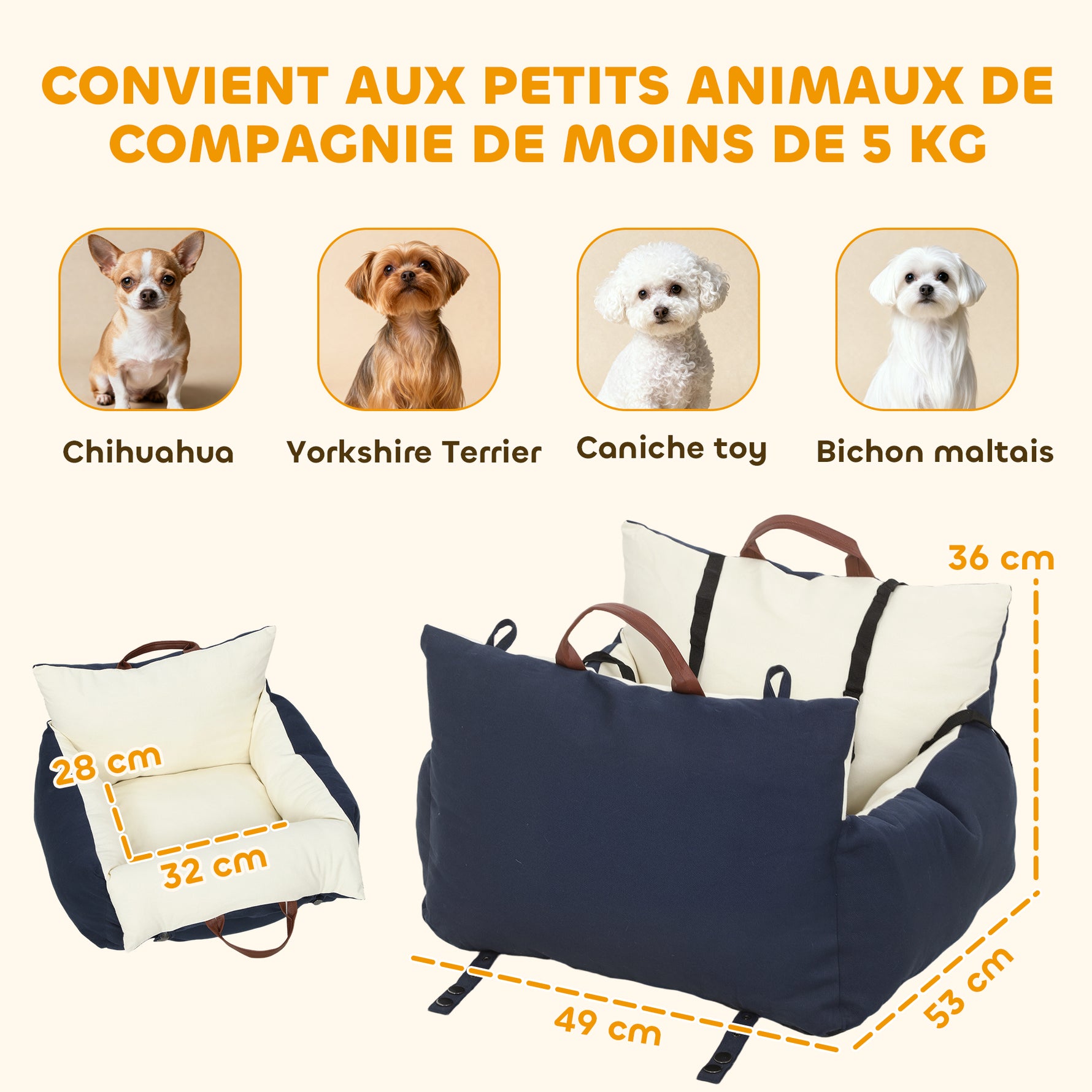 Siège auto pour chien avec ceinture de sécurité et fixation siège de voiture pour chien rembourré 49x53x36cm bleu marine