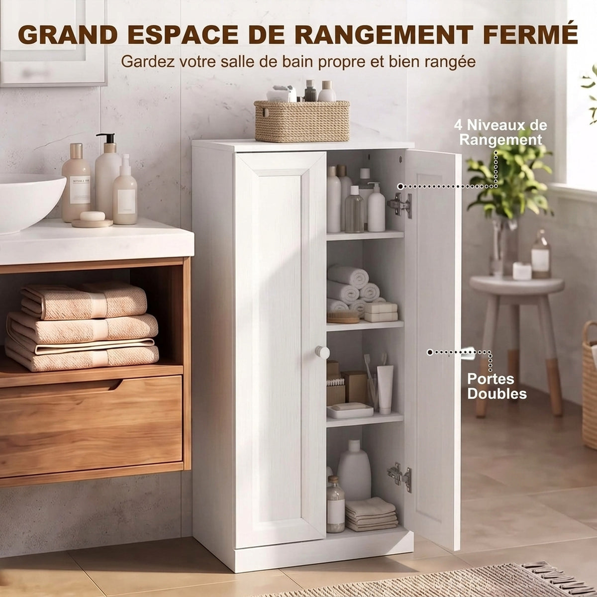 Mobiletto da Bagno Stretto, Mobile Contenitore da Terra con 2 Ante e 3 Ripiani, per Soggiorno, Camera da Letto, Bianco