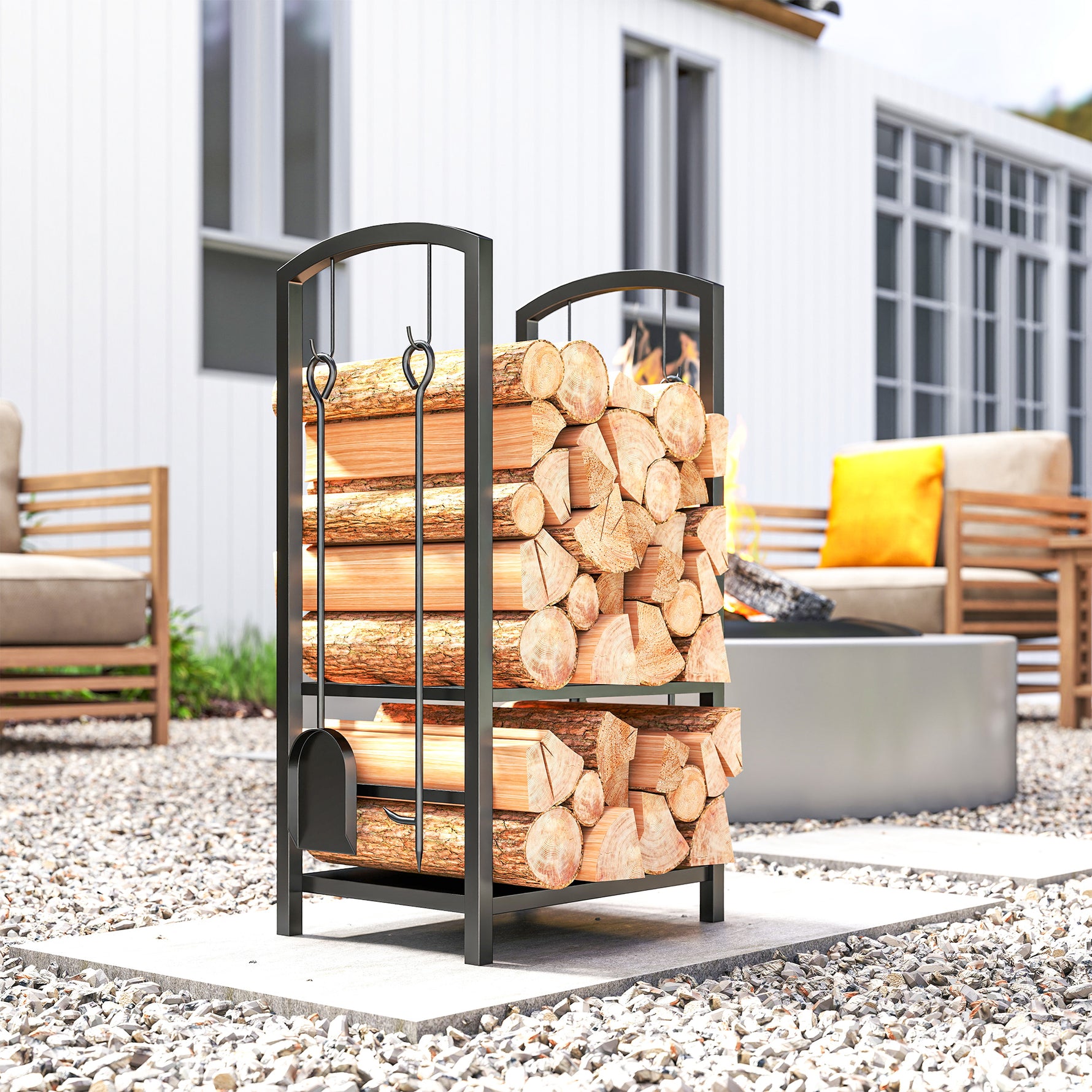 Porte bûches - Range bûches Serviteur de cheminée - Multi Accessoires 2 étagères 40L x 30l x 75H cm métal Noir