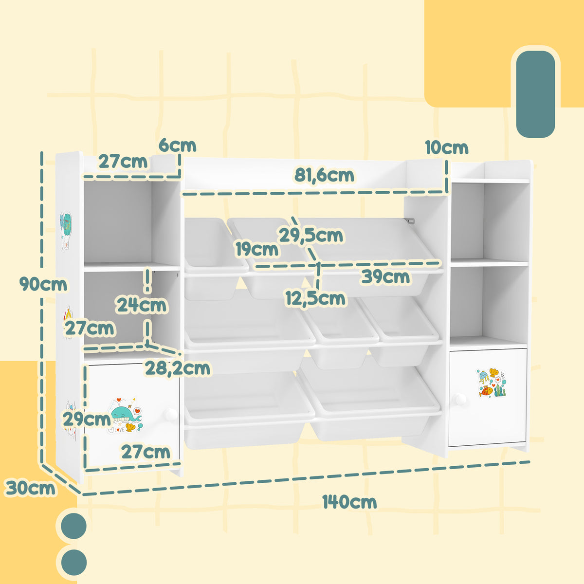 Meuble rangement enfant, étagère de rangement pour jouets enfants avec 8 bacs amovibles, 140 x 30 x 90 cm, blanc