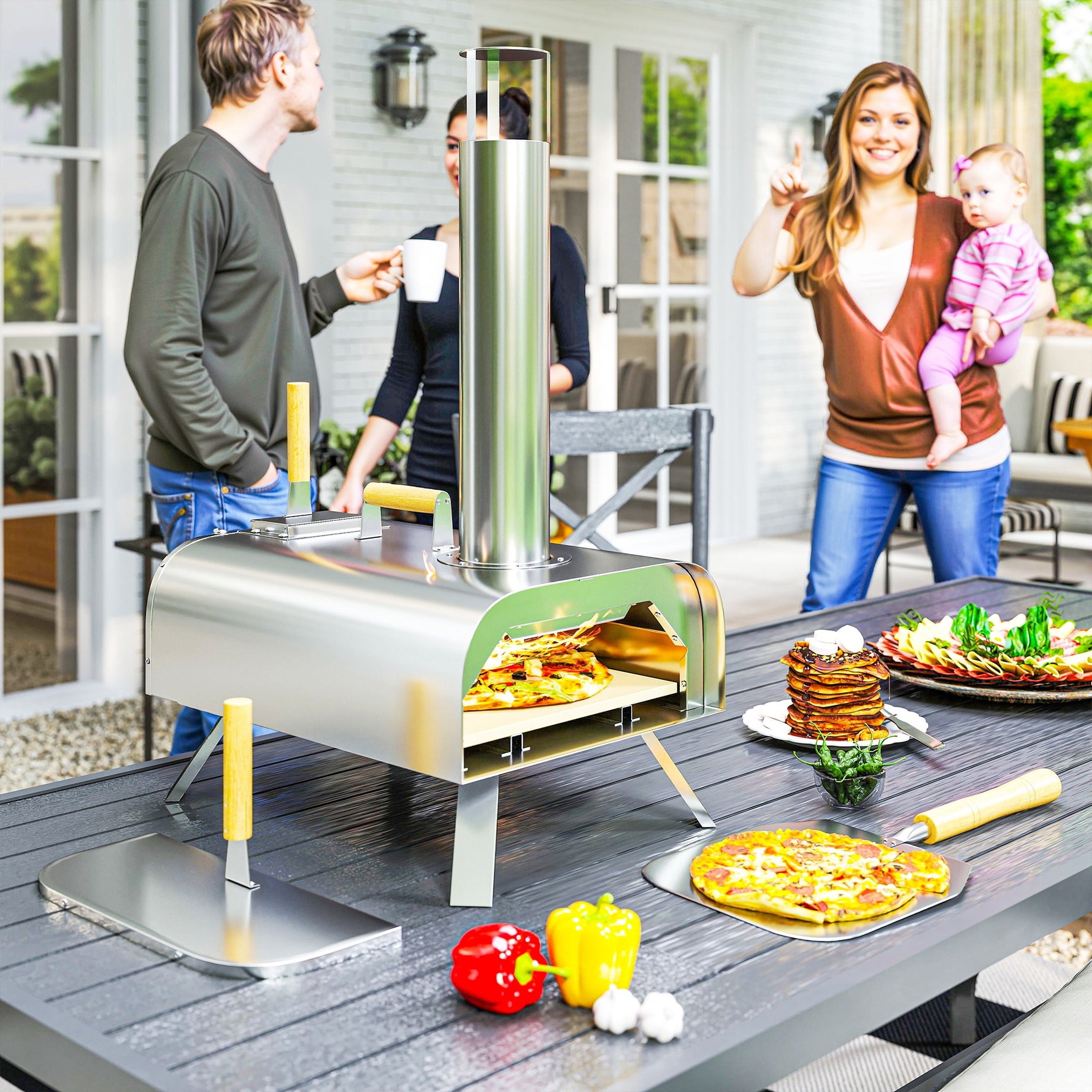 Four à pizza extérieur portable à bois ou à pellet avec pierre à pizza pieds pliables cheminée acier inoxydable argenté