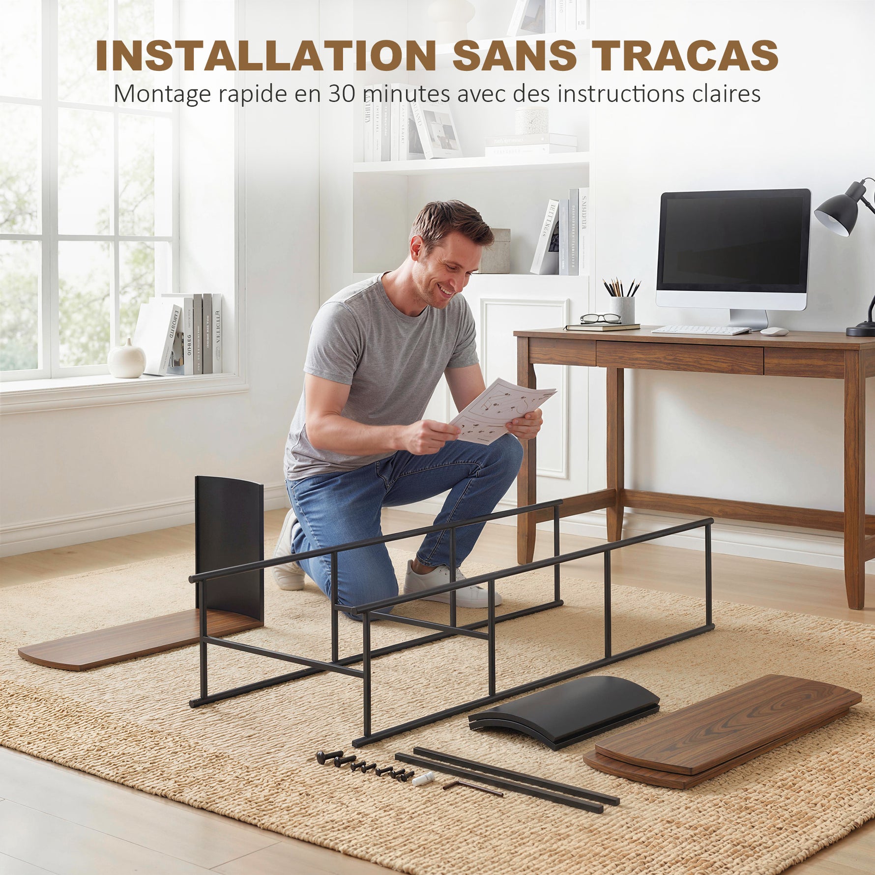Étagère de rangement, bibliothèque à 4 niveaux avec panneaux latéraux incurvés, cadre en acier, 80x30x141cm, marron