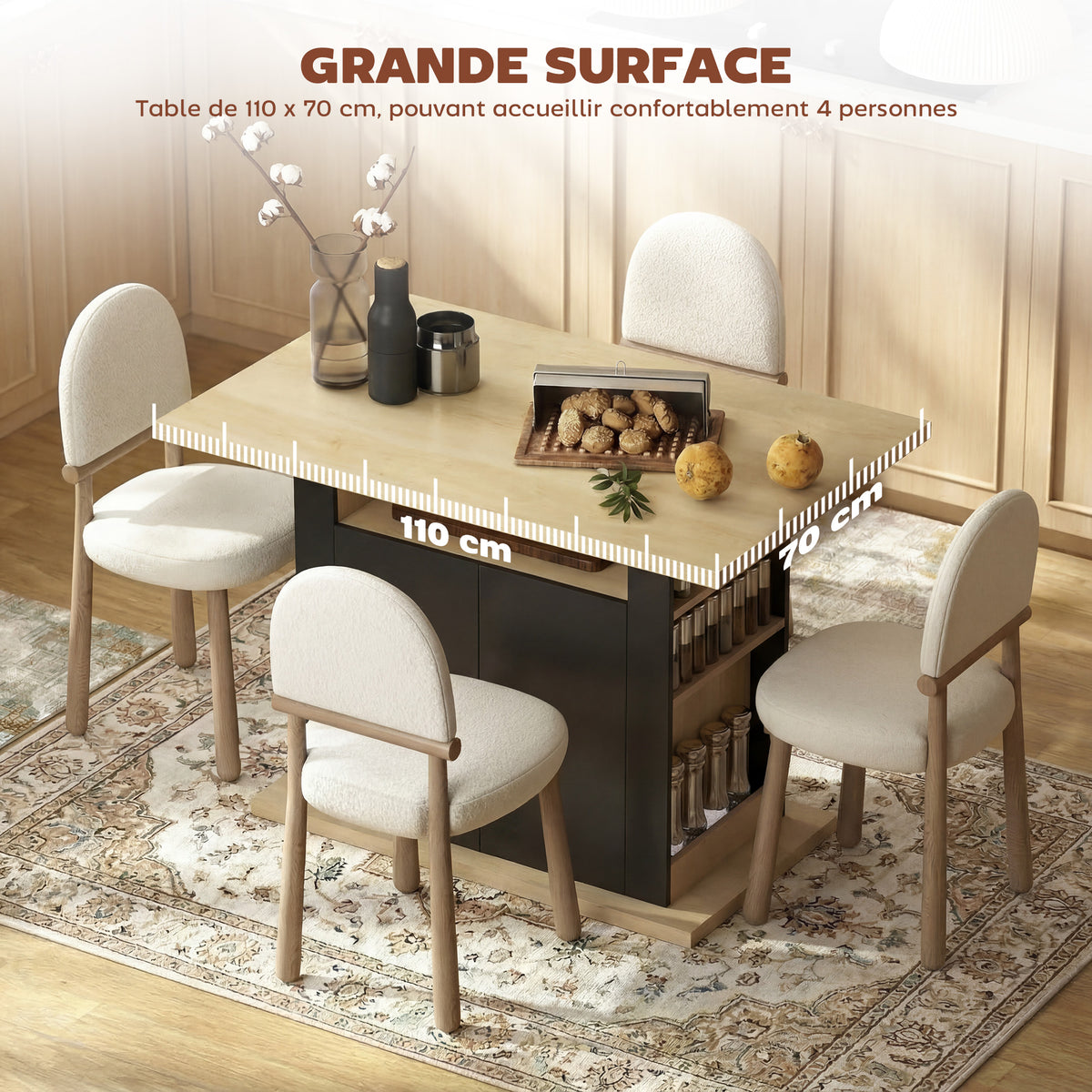 Tavolo da pranzo isola centrale cucina con ampio piano di lavoro 4 persone armadietto 4 ante 110 x 70 x 75,5 cm nero