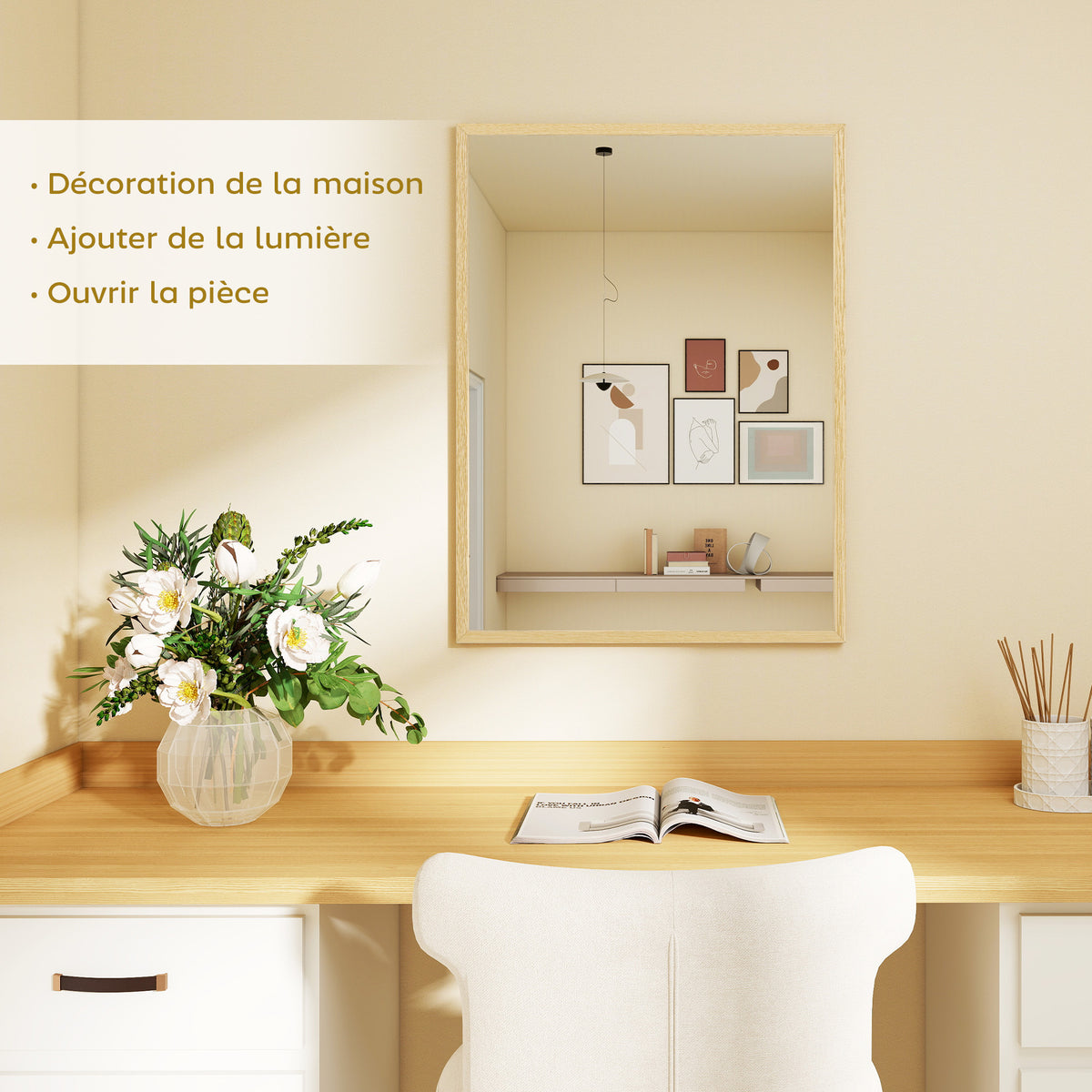 Miroir mural rectangulaire 80 x 60 cm, cadre en bois naturel, idéal pour la salle de bain, salon ou chambre