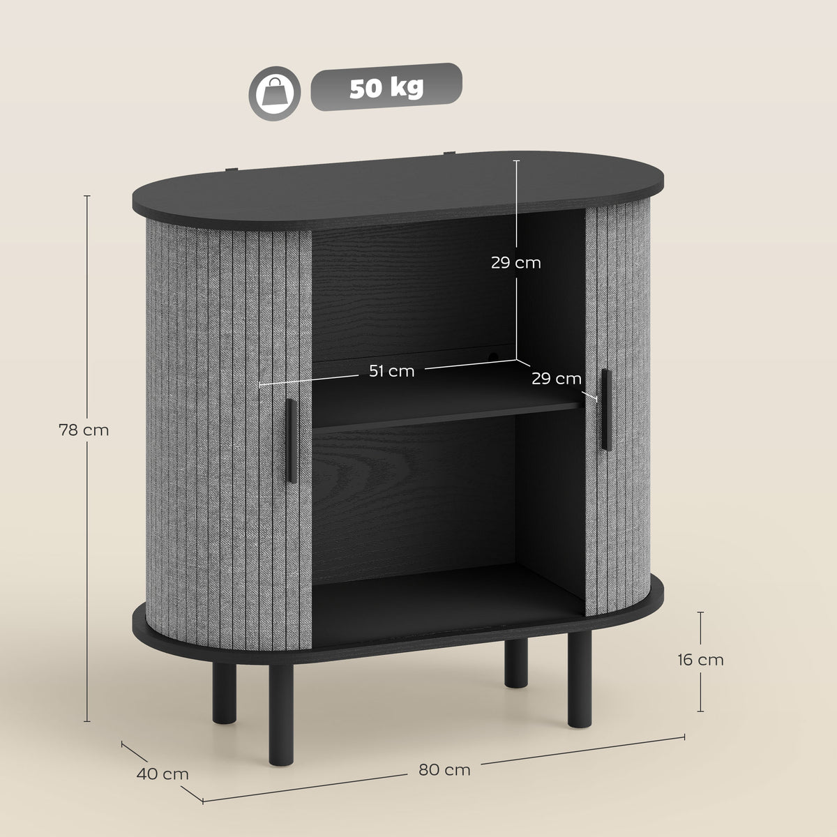 Dressoir voor de woonkamer, ovaal opbergmeubel met 2 schuifdeuren en 2 compartimenten, 80 x 40 x 78 cm, grijs