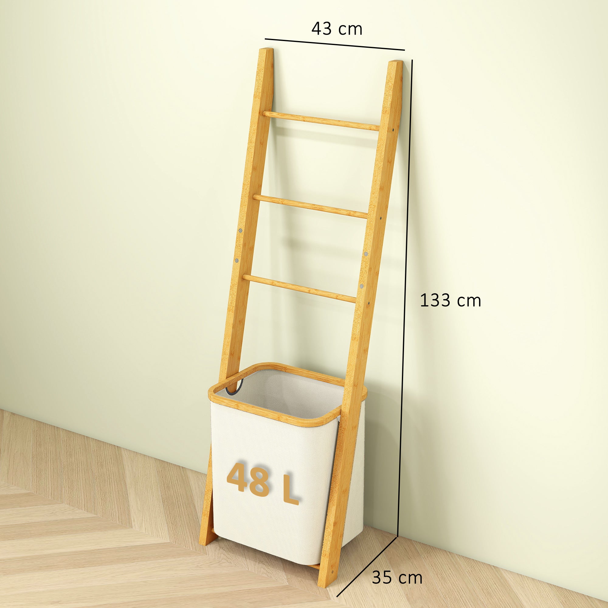 Bamboe handdoekenrek met wasmand, handdoekenrek in ladder-vorm met 1 wasmand, 43 x 35 x 133 cm, crème
