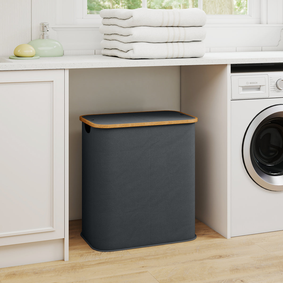 Panier à linge double pliable 80 L corbeille à linge sale avec couvercle, poignées rainurées, gris