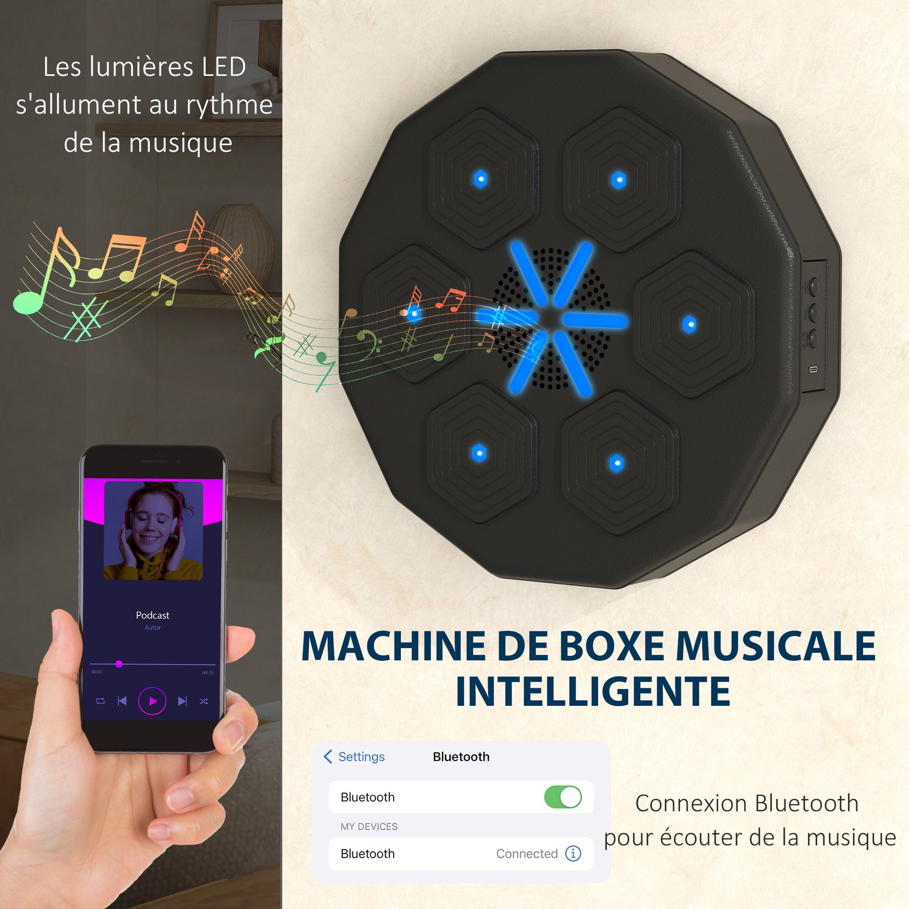 Machine de boxe musicale music boxing machine mural avec bluetooth music 40 x 40 x 7,5 cm, noir