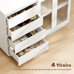 Buffet salon, meuble de rangement avec 4 tiroirs et 2 portes en verre trempé, étagère réglable, 120 x 40 x 91 cm, blanc