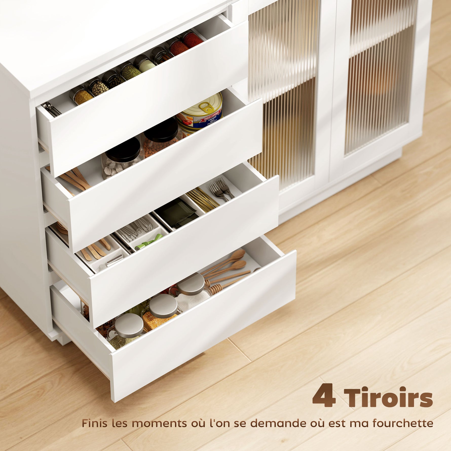 Buffet salon, meuble de rangement avec 4 tiroirs et 2 portes en verre trempé, étagère réglable, 120 x 40 x 91 cm, blanc
