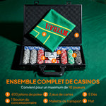 Mallette de poker coffret de poker complet 400 jetons, boîtier en ABS, cartes à jouer, dés, dealer, tapis, clés