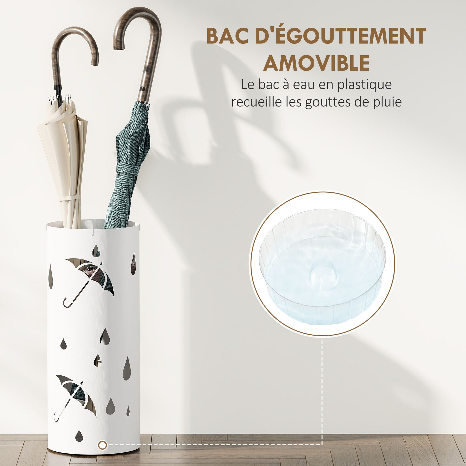 Porte parapluie cylindrique support pour parapluies bac d'égouttement amovible et 4 crochets, Ø 17 x 41 cm, blanc