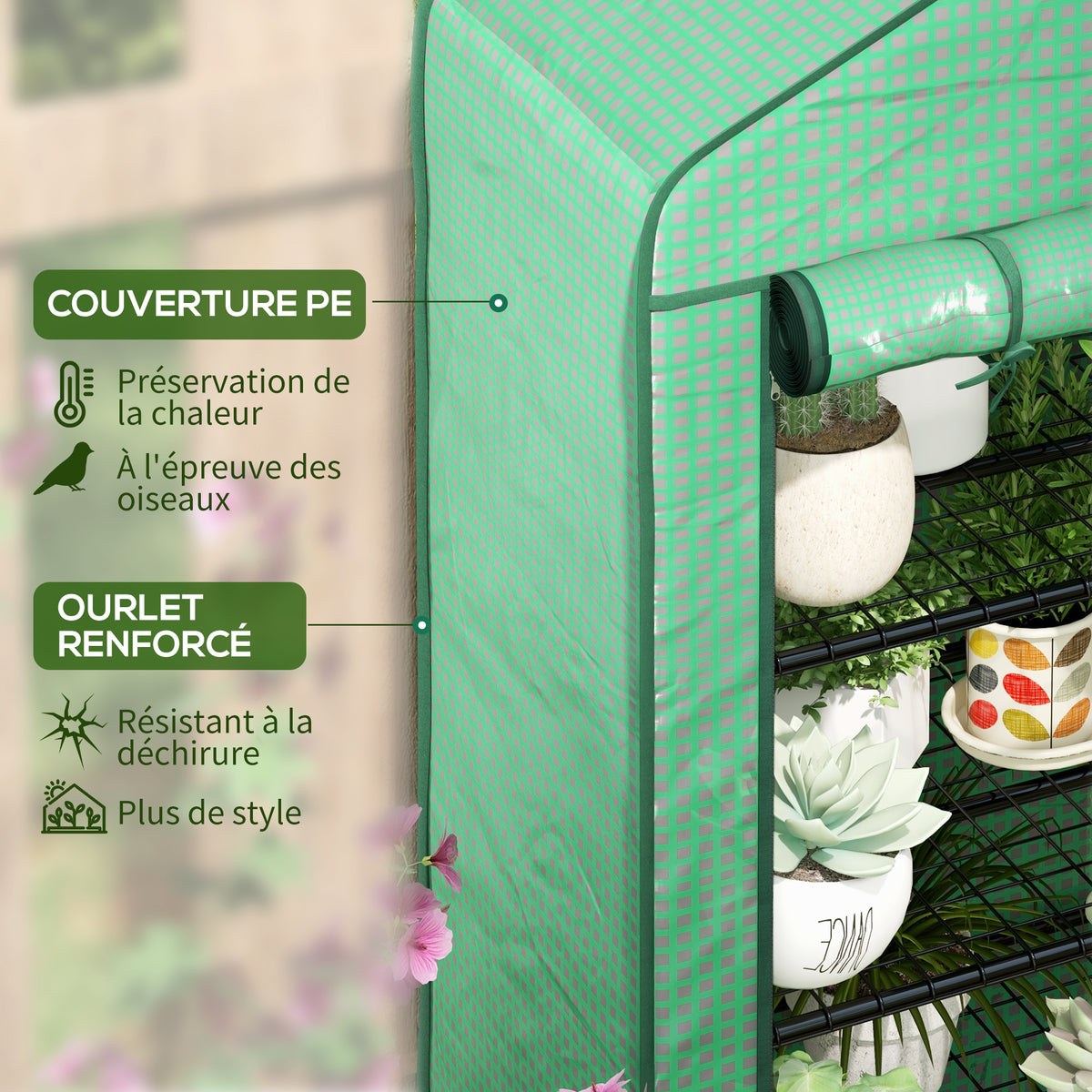 Serre de Jardin Balcon étagère Serre 4 Niveaux 90L x 49l x 160H cm Acier galvanisé bâche Amovible PE Haute densité Vert