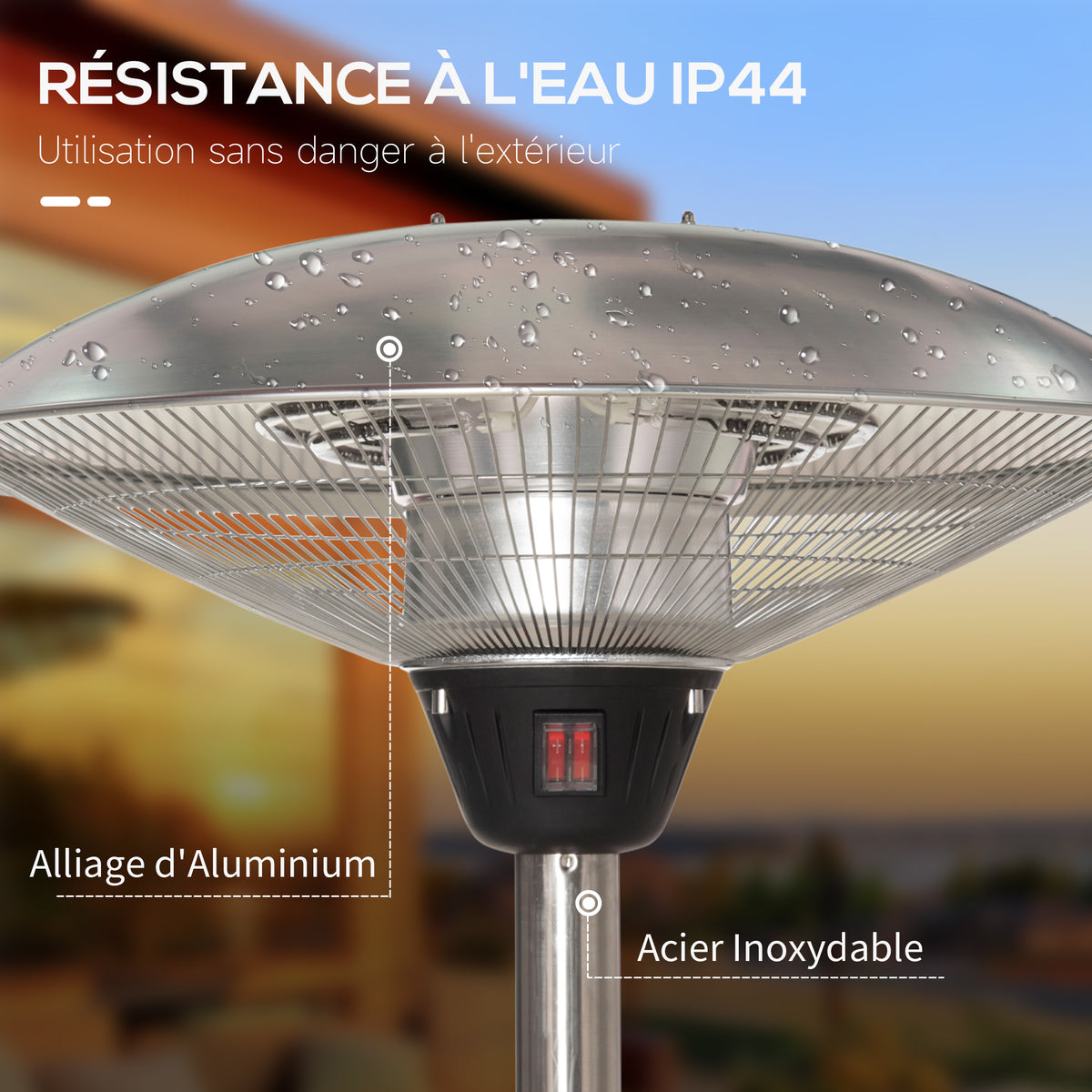 Parasol chauffant électrique 3000W chauffage d'appoint sans CO₂ 13 m² et IP44 - chauffage infrarouge sur pied 3 puissances de chauffe - hauteur réglable de 160 à 200 cm acier inox. argent