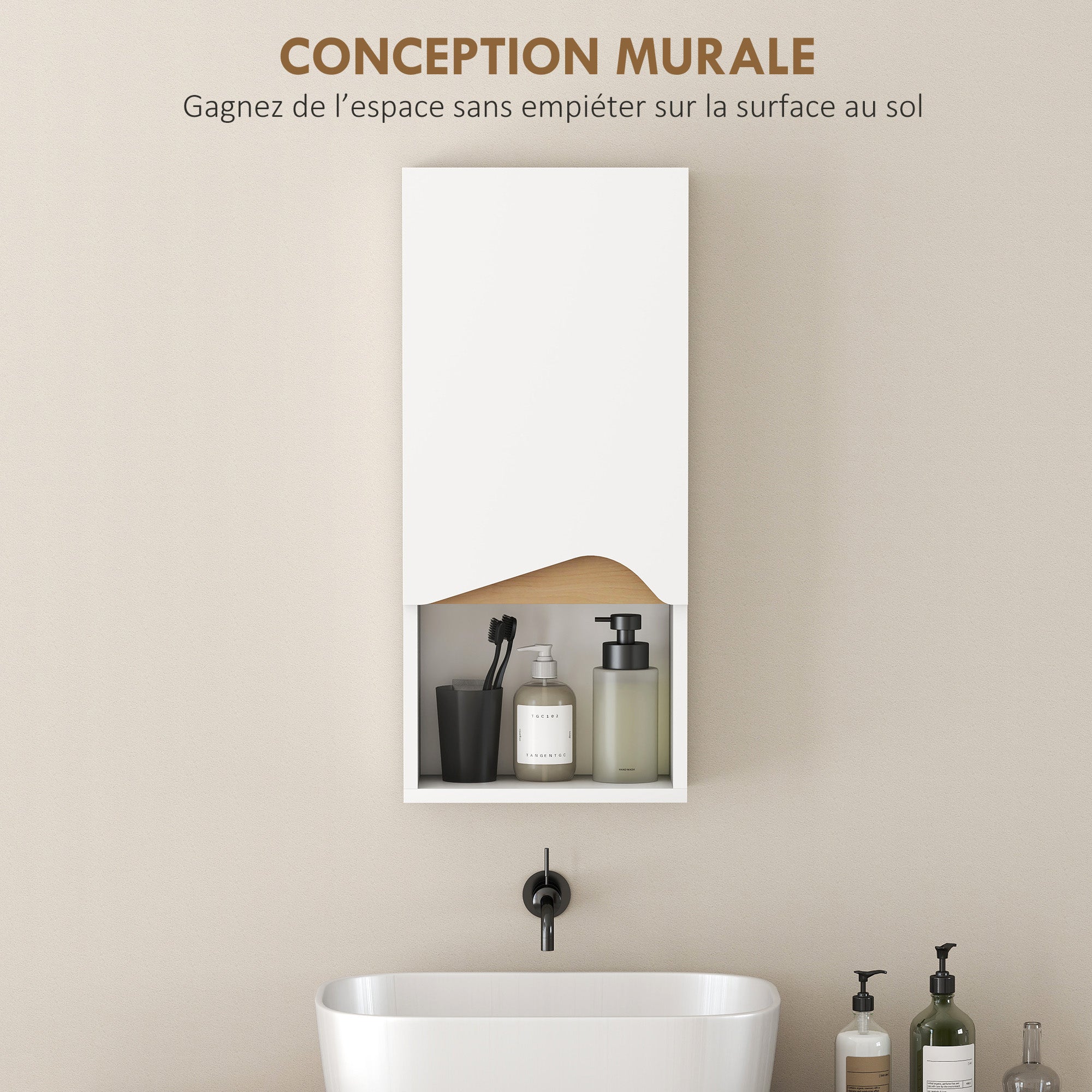 Armoire murale de salle de bain avec porte à fermeture douce, étagère réglable et compartiment ouvert, 30x17x67cm, blanc
