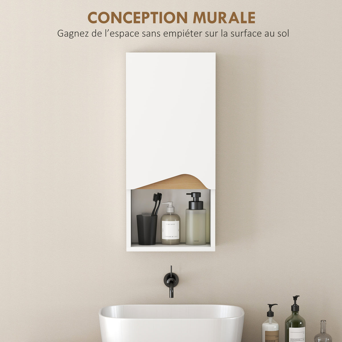Armoire murale de salle de bain avec porte à fermeture douce, étagère réglable et compartiment ouvert, 30x17x67cm, blanc