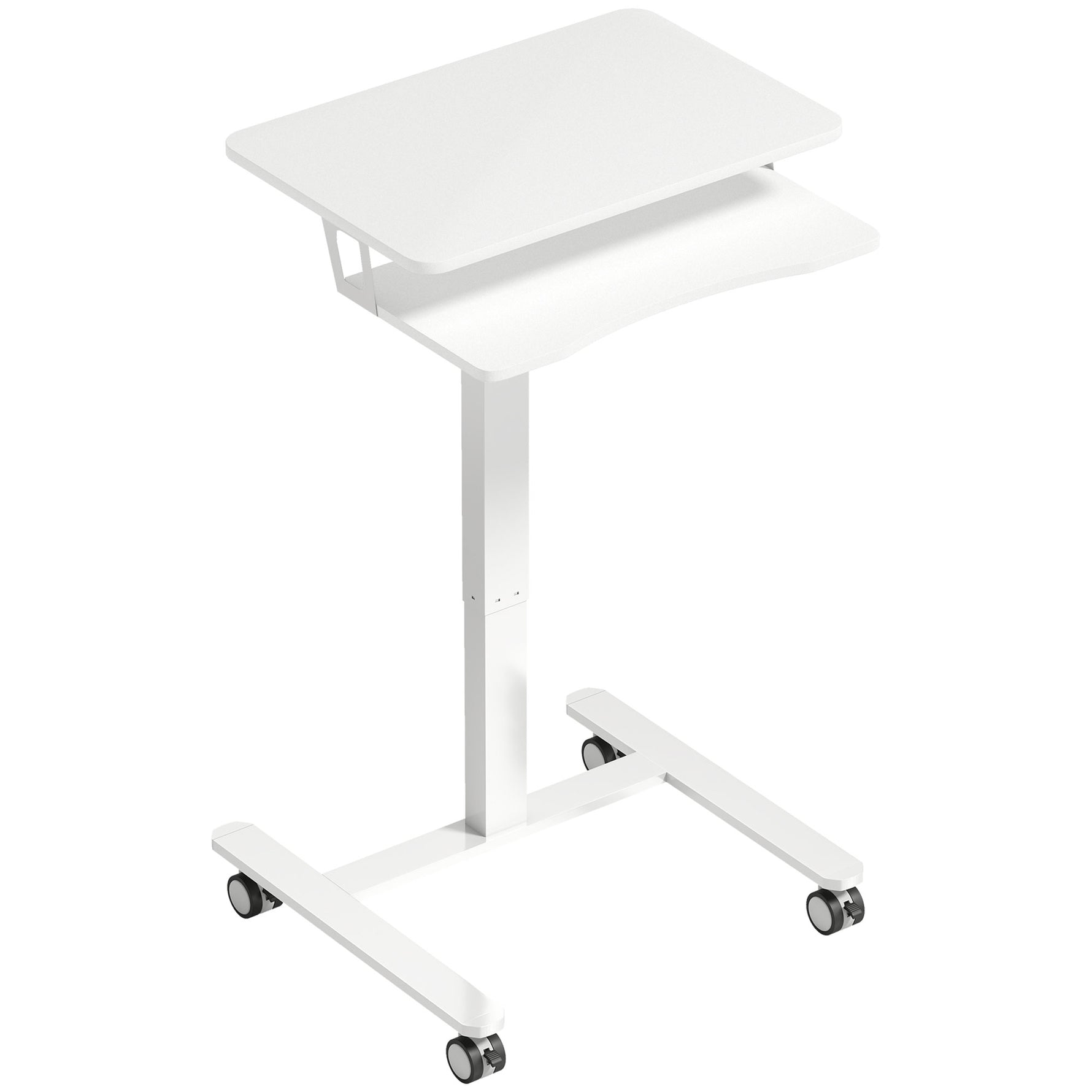 Bureau Assis-Debout Réglable en Hauteur, Bureau Mobile avec Plateau pour Clavier, Roulettes et Cadre en Acier, Blanc