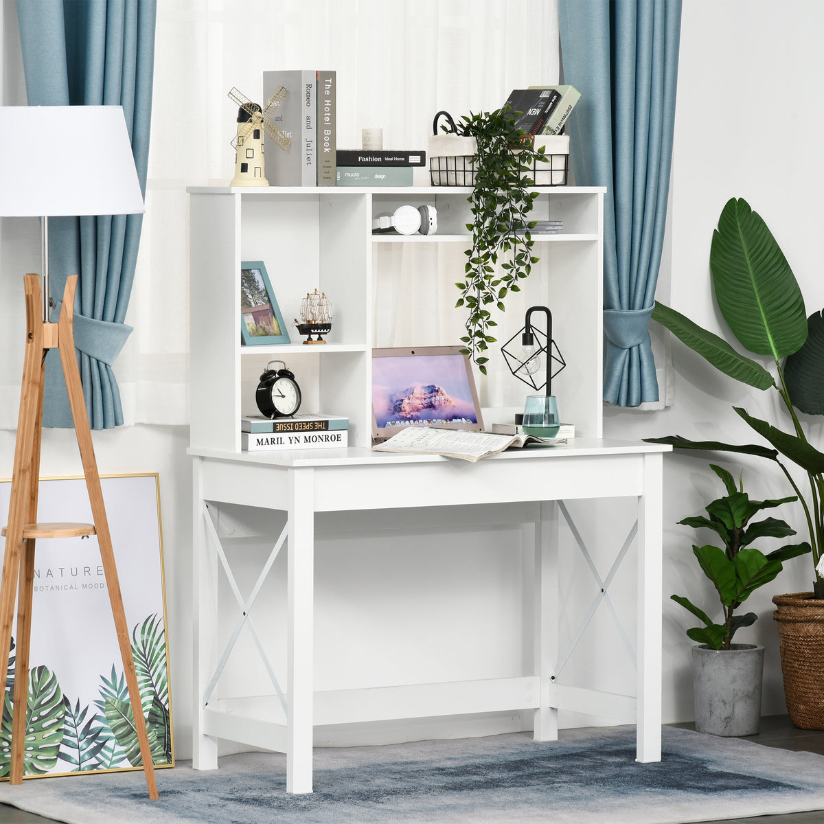 Bureau avec rangement bibliothèque en bois moderne avec étagères et grand plateau pour petits espaces maison chambre à coucher, 105 x 50 x 137,5 cm, blanc