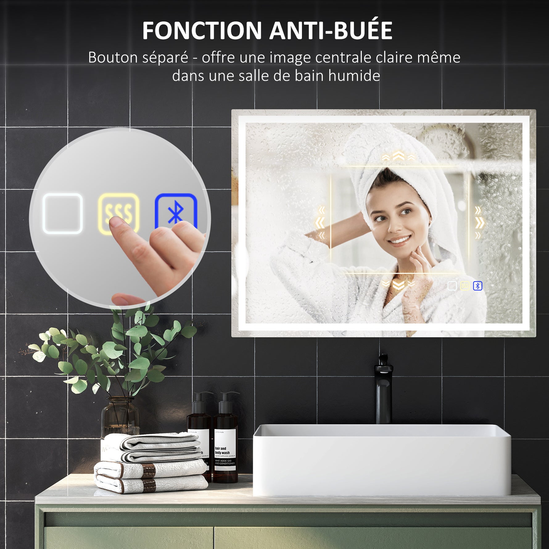 Miroir salle de bain LED bluetooth 60 x 80 cm interrupteur tactile lumière réglable 3 couleurs anti-buée mémoire argent