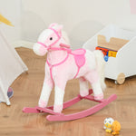 Cavallo a dondolo in legno e peluche per bambini, cavallo da cowboy in peluche per bambini dai 3 ai 6 anni, gioco a dondolo con effetti sonori, sella, redini, rosa e bianco