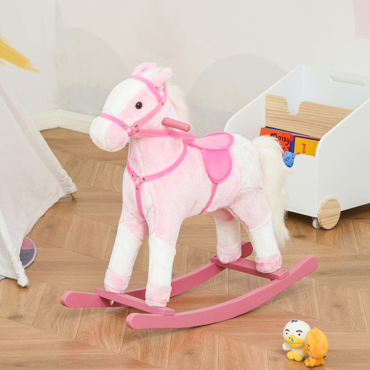 Cavallo a dondolo in legno e peluche per bambini, cavallo da cowboy in peluche per bambini dai 3 ai 6 anni, gioco a dondolo con effetti sonori, sella, redini, rosa e bianco
