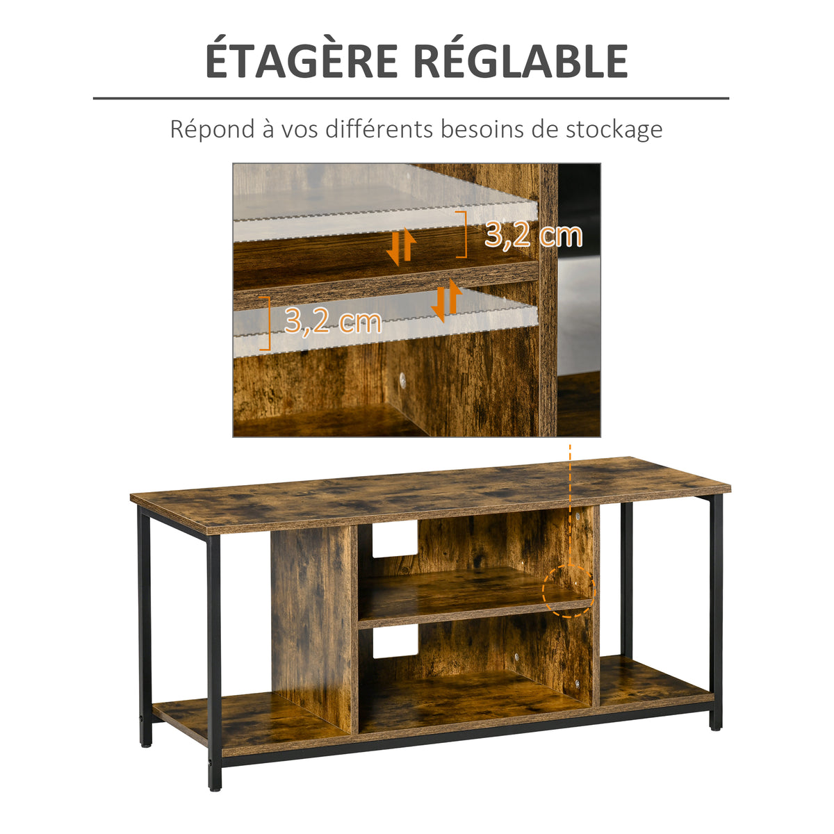 Meuble TV, meuble télé avec compartiments ouverts, étagère réglable, 110x40x50cm, brun rustique