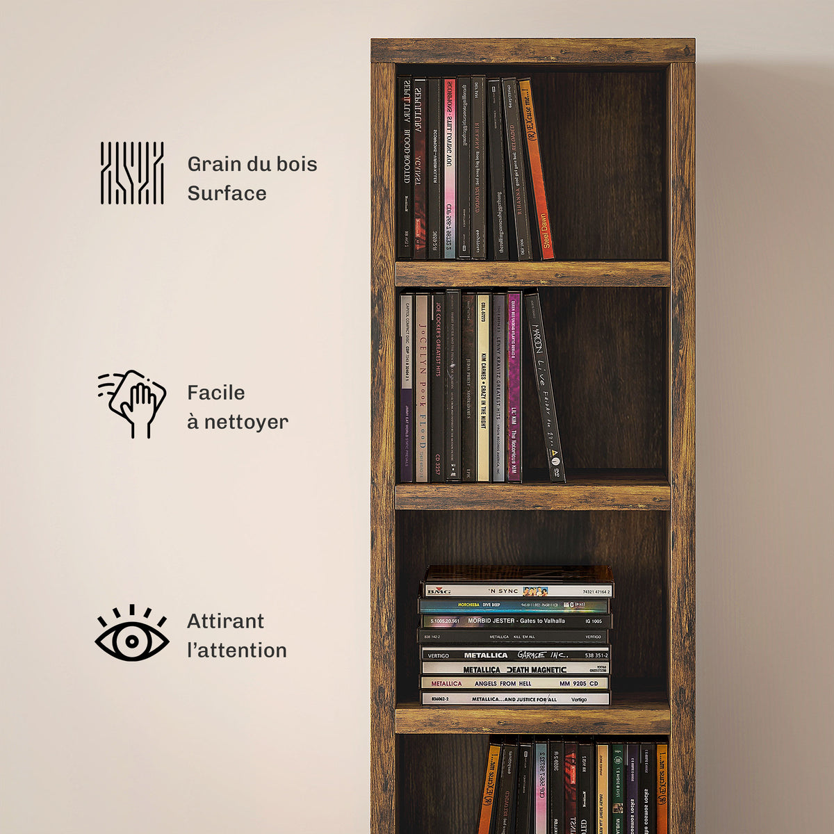 Rangements pour CD et DVD avec 12 compartiments, capacité max. 204 CD, 21 x 20 x 175 cm, brun rustique