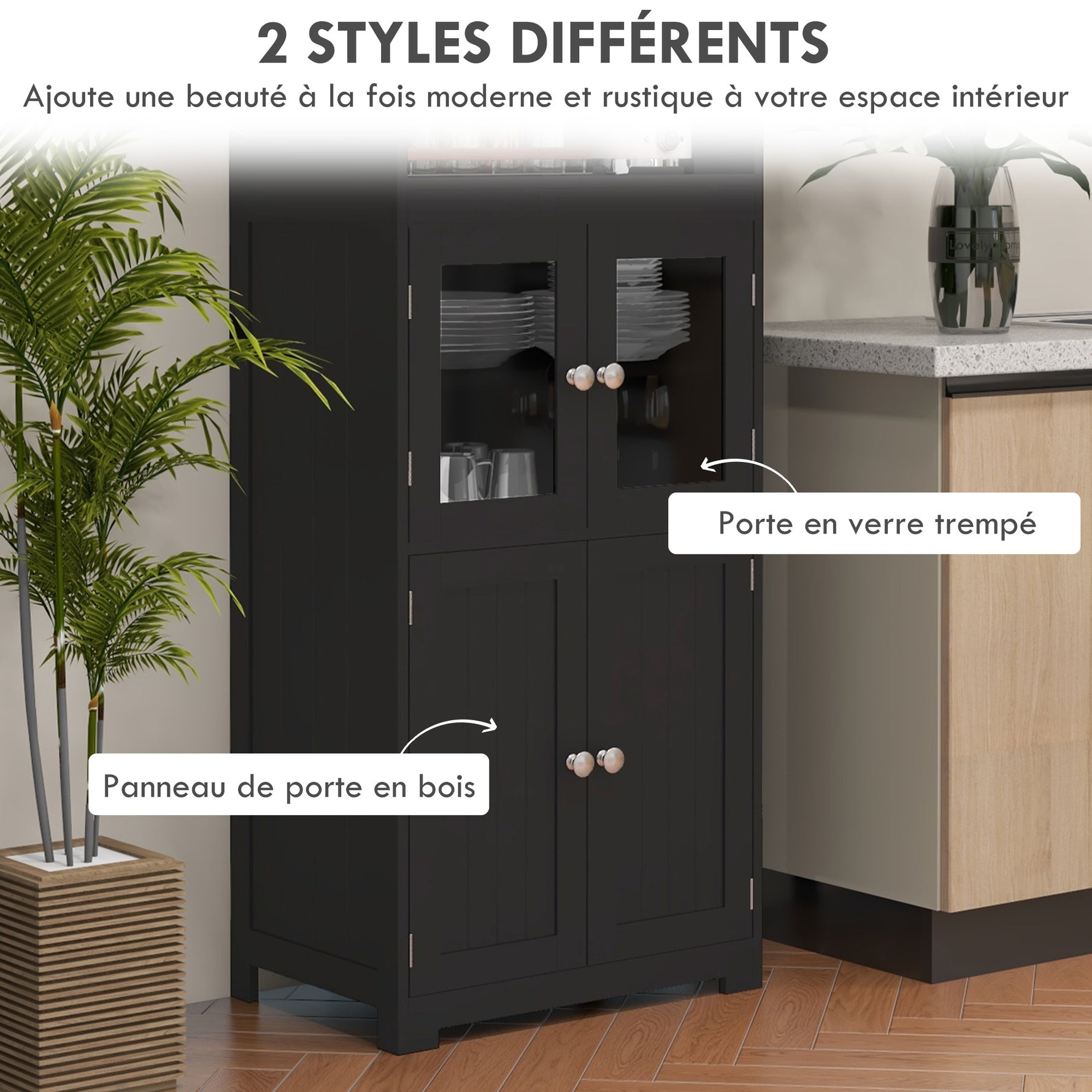 Armoire de cuisine buffet cuisine vaisselier meuble de rangement multi-rangements dim. 60I x 30P x 162H cm noir