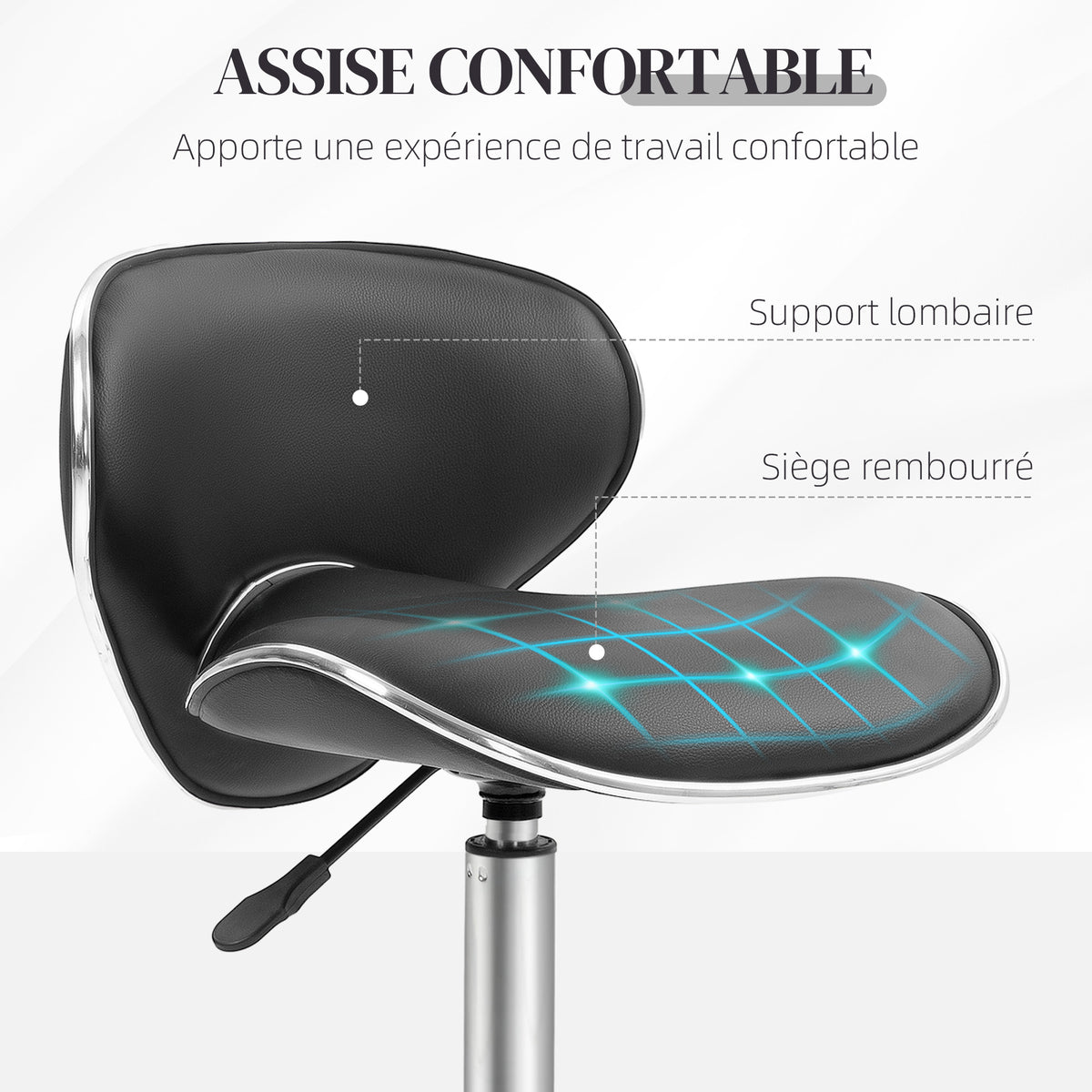 Tabouret à roulettes tabouret de travail avec hauteur réglable 44-56 cm et dossier, pivotant 360°, noir