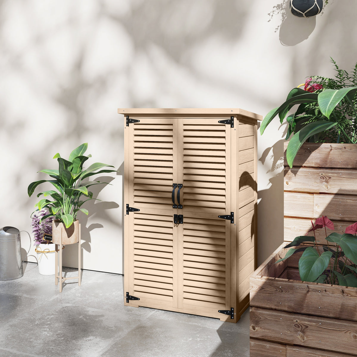 Armoire de jardin remise pour outils en bois 2 étagères toit bitumé portes persiennes verrouillable 75 x 50 x 118