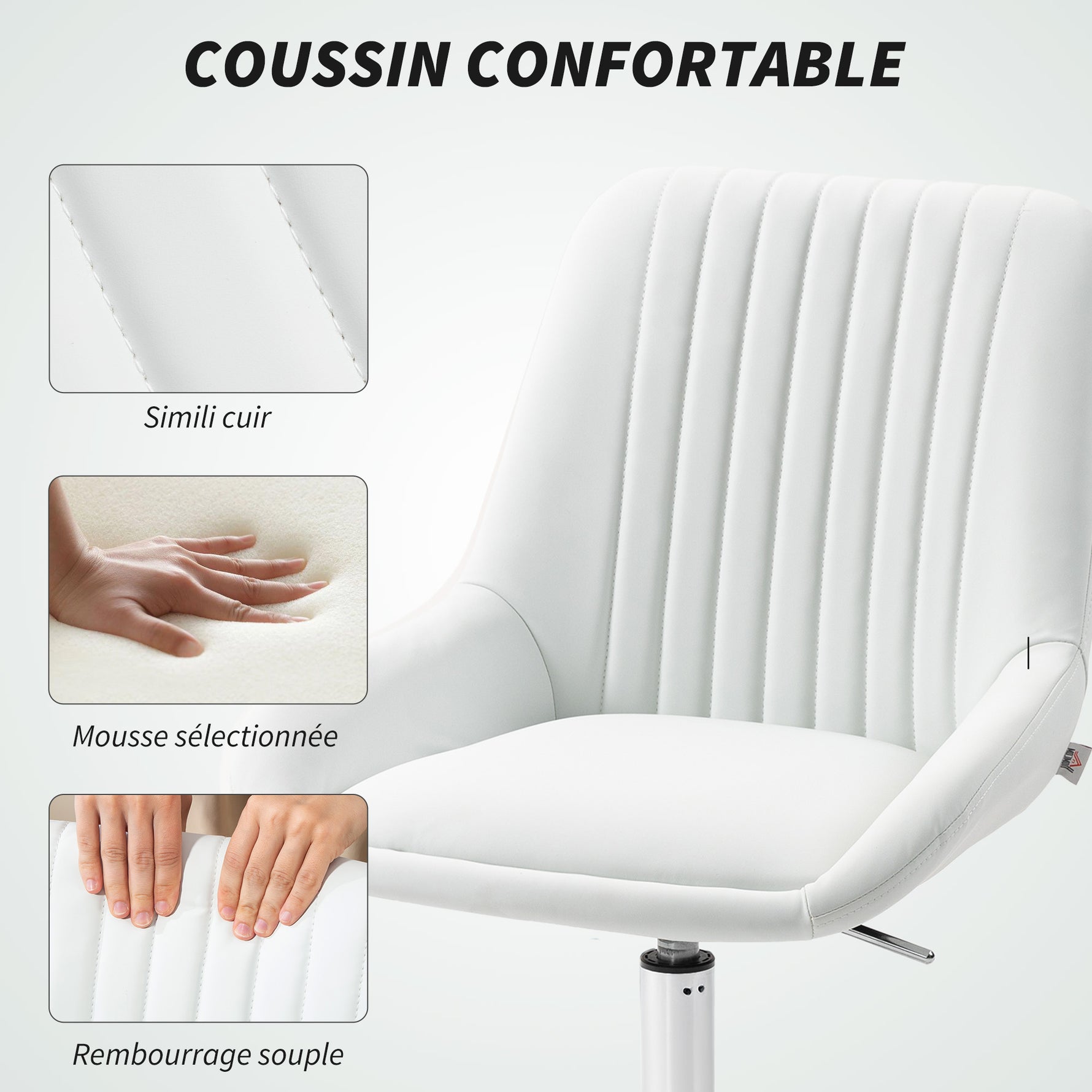 Fauteuil de bureau sans accoudoirs, chaise de bureau avec hauteur réglable, 52x58x80-90cm, blanc-3