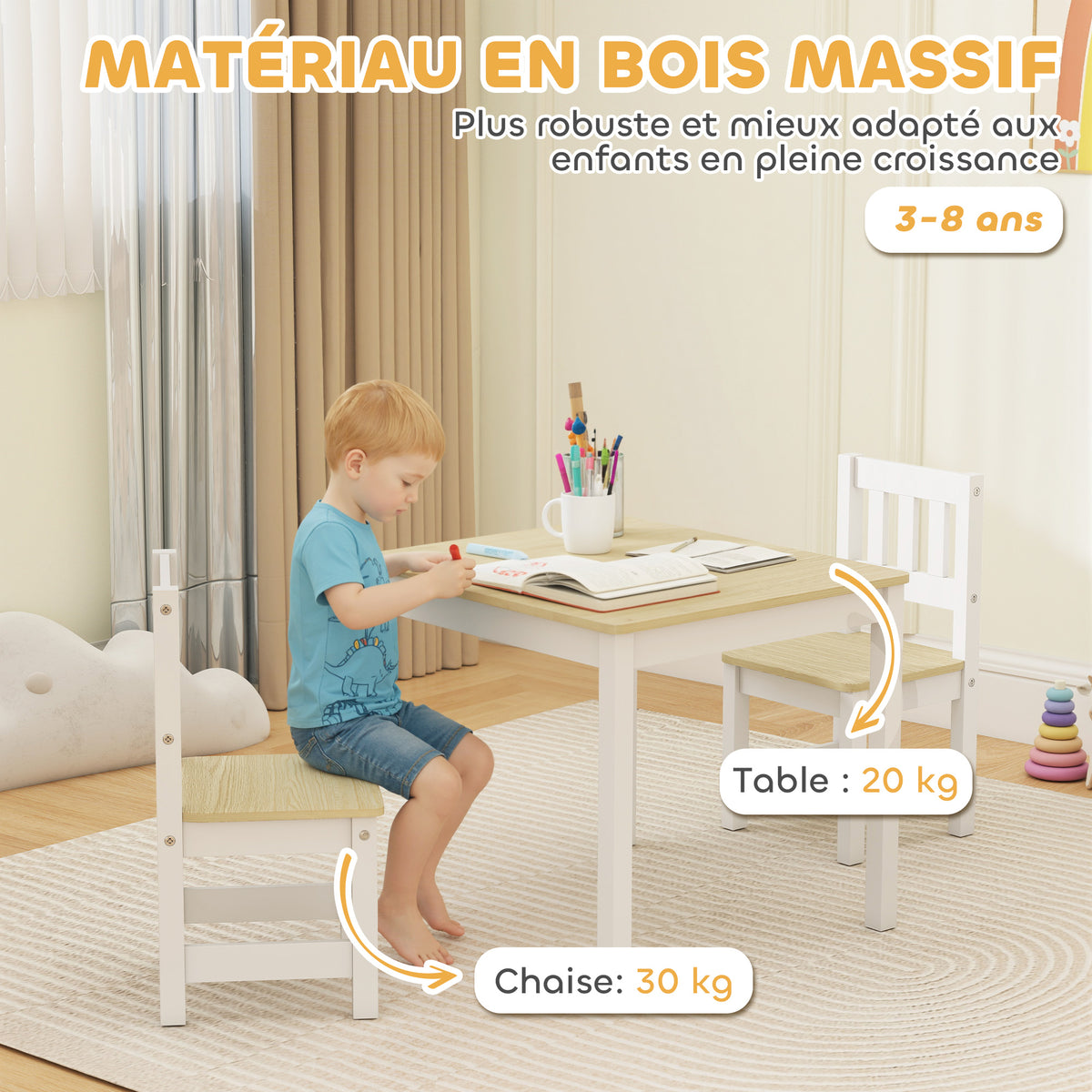 Table enfant avec chaise, lot table et 2 chaises enfant en bois pour dessiner, jouer, étudier, 56x52x48cm, bois naturel