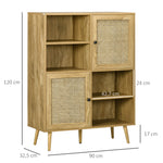Buffet meuble de rangement armoire haut aspect bois et cannage design 2 portes - dim. 90L x 32,5l x 120H cm