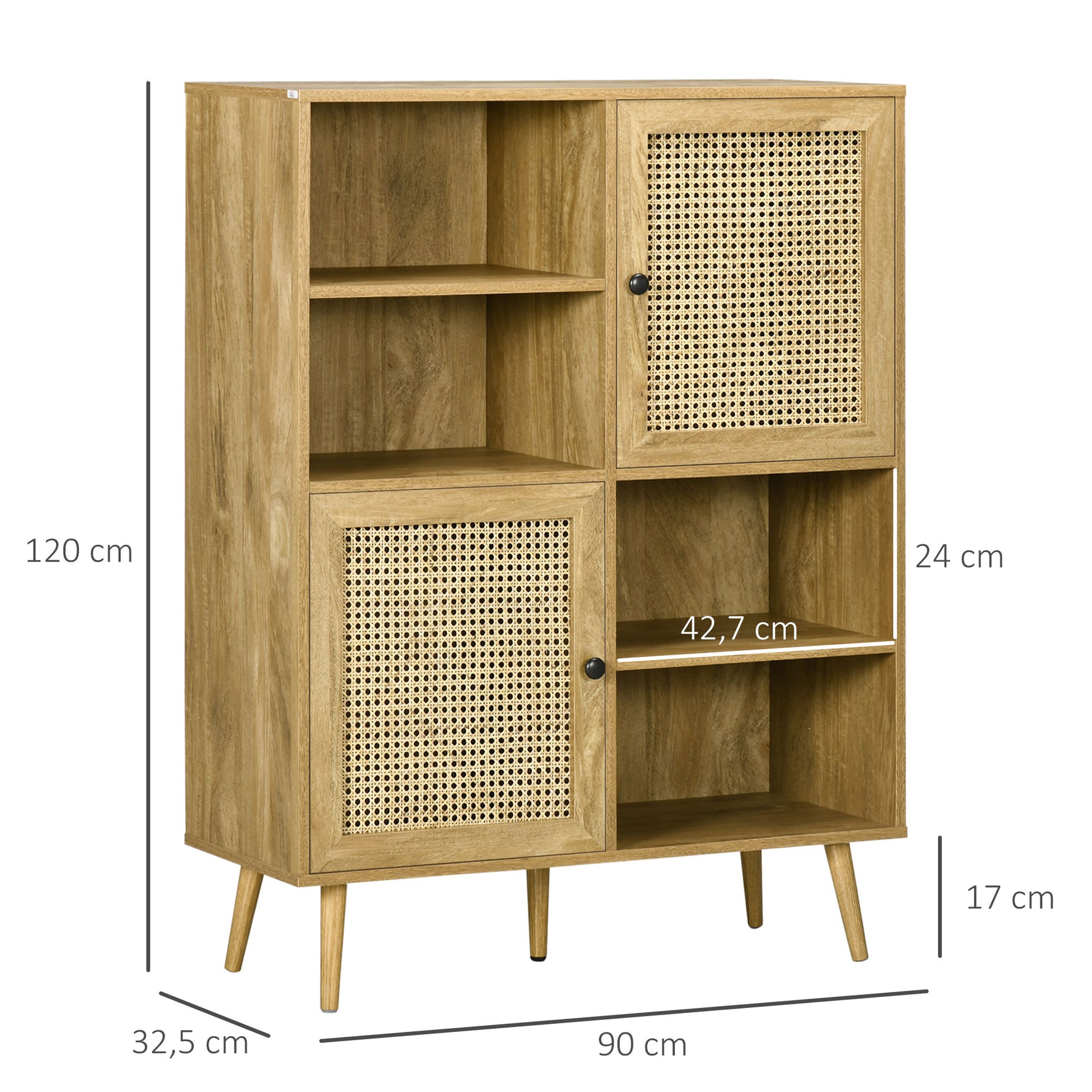 Buffet meuble de rangement armoire haut aspect bois et cannage design 2 portes - dim. 90L x 32,5l x 120H cm