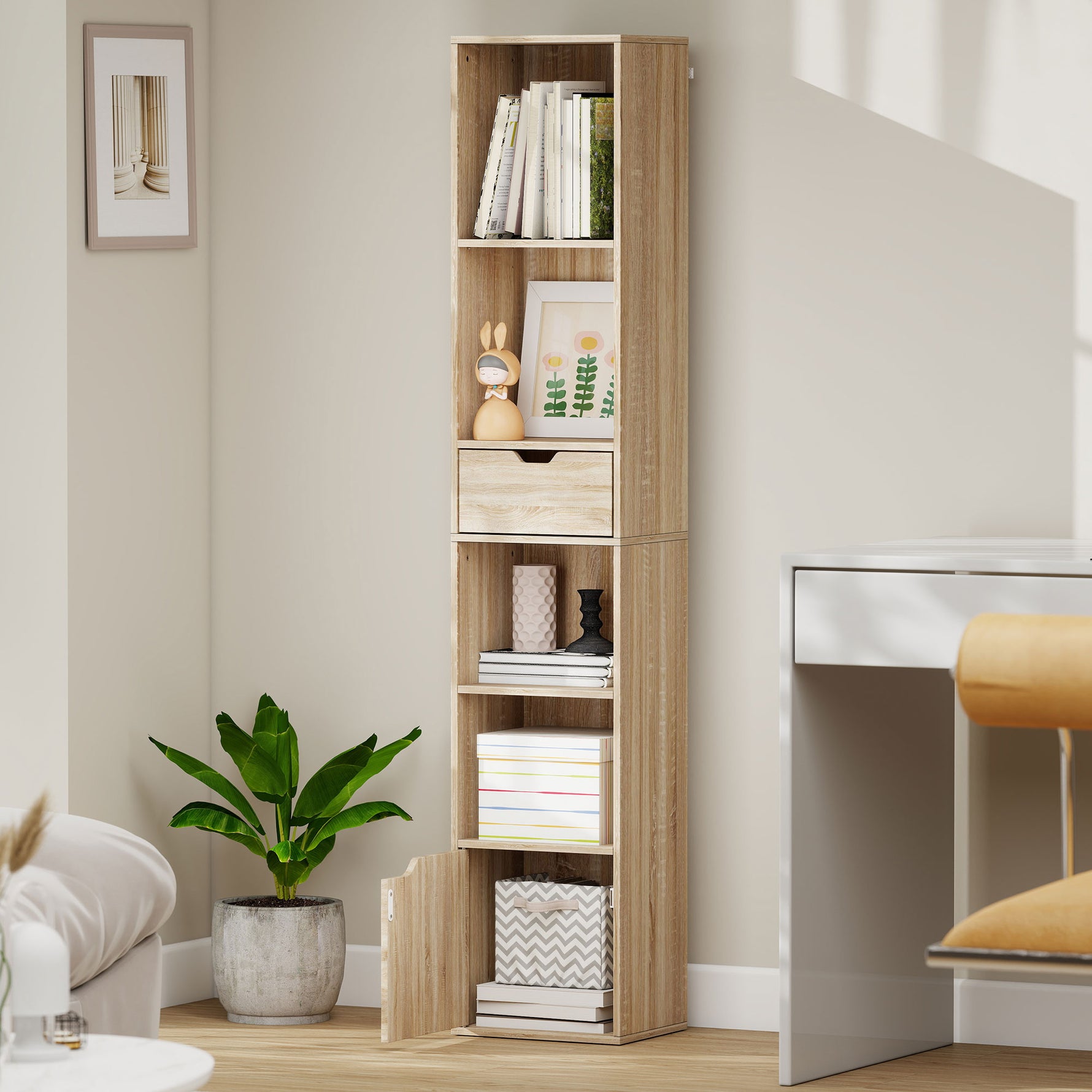 Bibliothèque, étagère à livres, meuble de rangement avec tiroir placard compartiments ouvertes, 30 x 24 x 158 cm naturel
