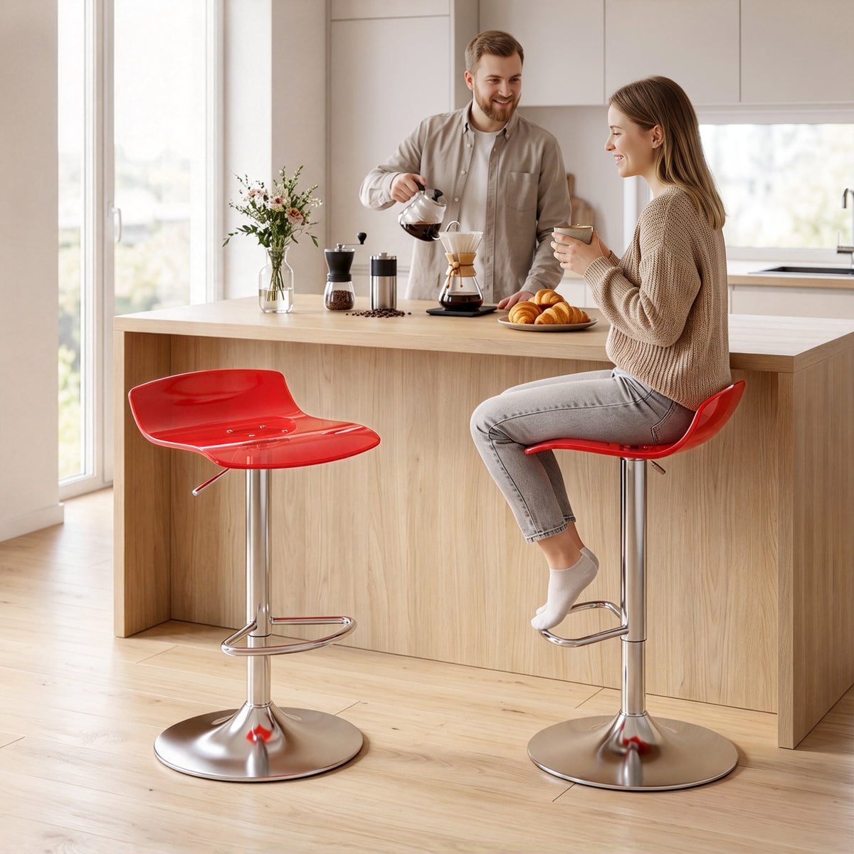 Set di 2 sgabelli da bar dal design contemporaneo, girevoli a 360°, con altezza regolabile e poggiapiedi, 39x39x67-87 cm, rossi