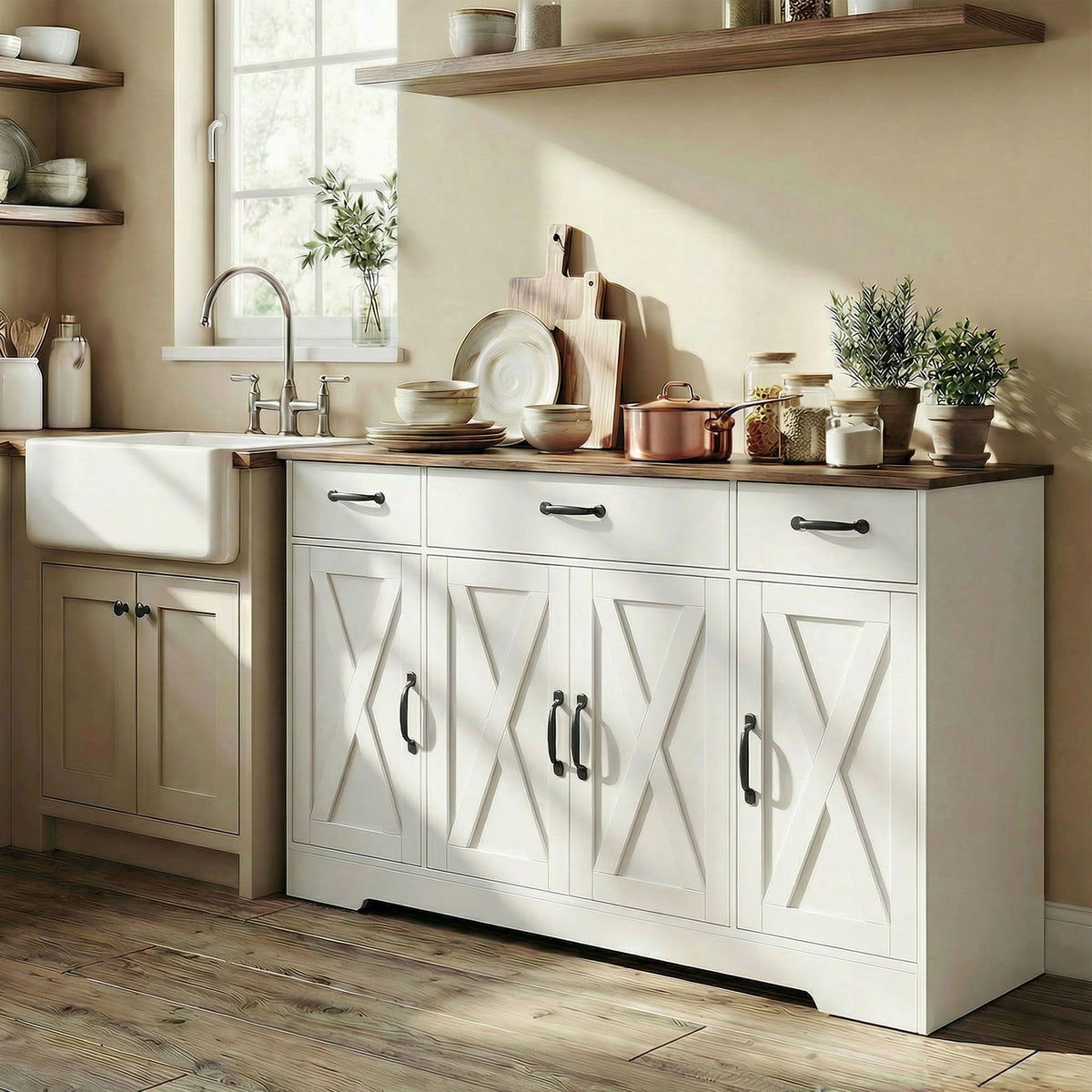Credenza, mobile da cucina stile rustico con 4 ante a granaio, 3 cassetti, ripiani regolabili, bianco